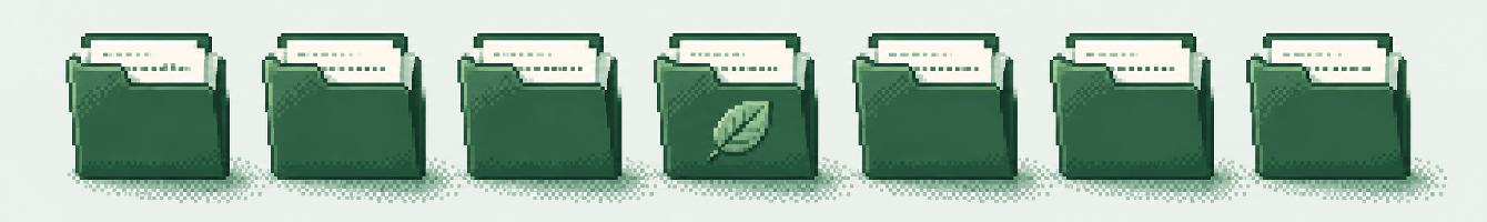Pixel art: fila di cartelle di lavoro verdi con documenti, una marcata dalla foglia Ironleaf