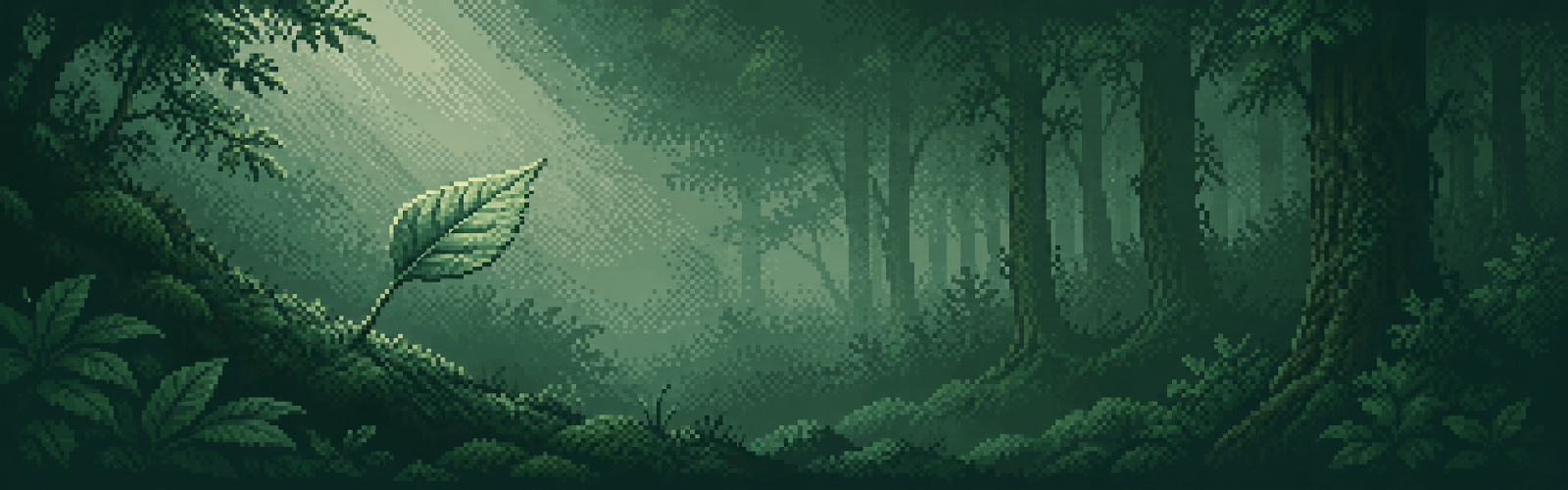 Bosco in pixel art con una foglia in primo piano nella luce: l'ambiente protetto dove vivono i tuoi dati